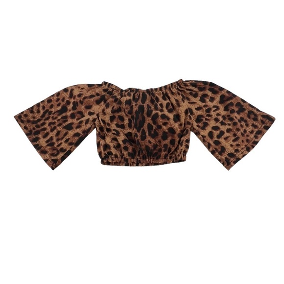 Brown Leopard Print Flounce Sleeve Off The Shoulder Crop Top Size 2T Girl’s - Picture 3 of 4